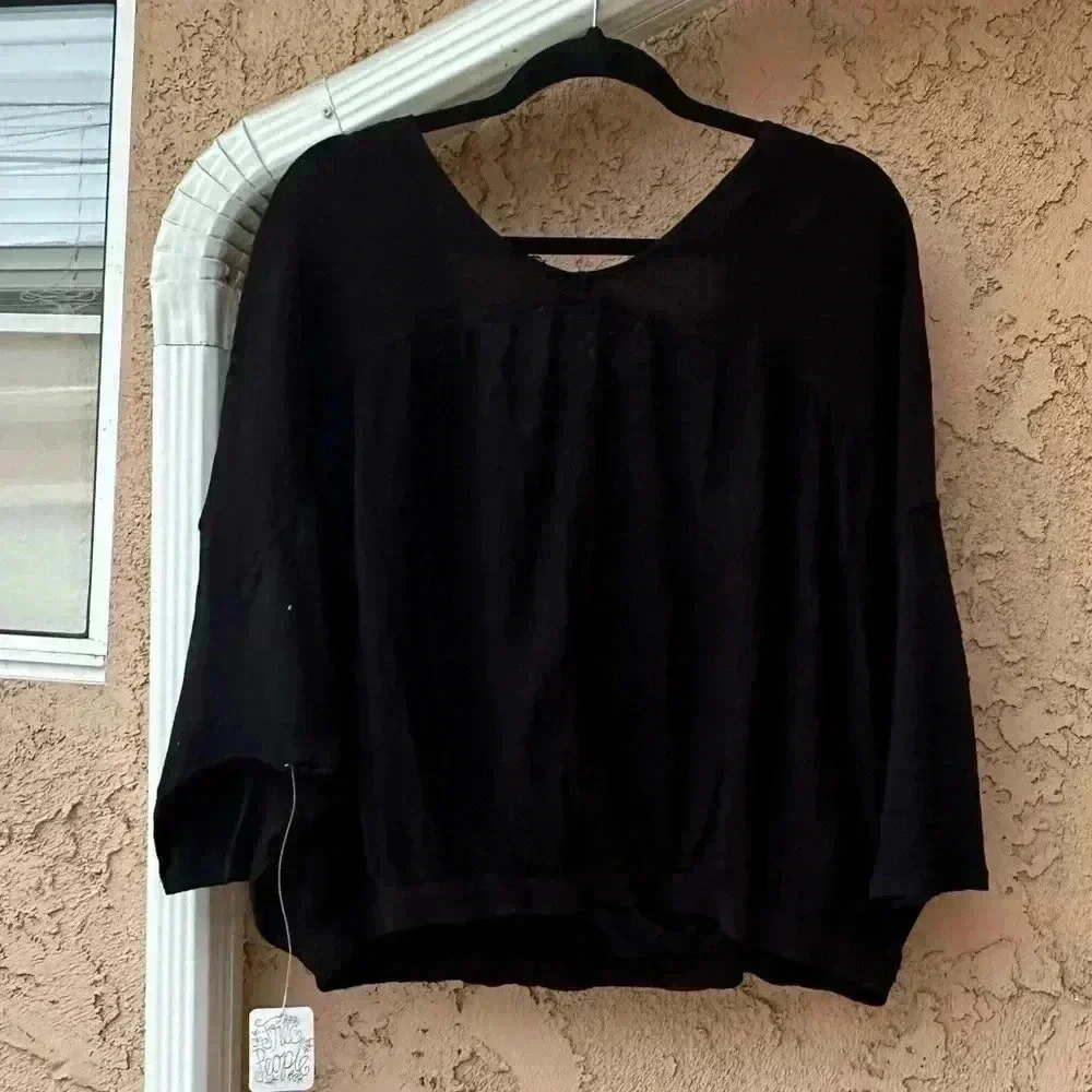 Free People Black Linen Blend Surplice Wrap Top size M